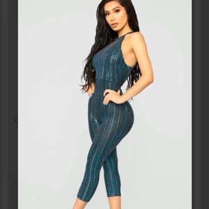 Give A Holla Metallic Crop Jumpsuit - Teal/Silver